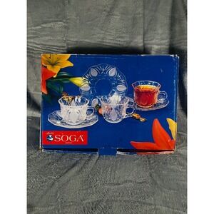 Elegant SOGA Japan Glass Cup &‎ Saucer Set Clear Glass Vintage 12 Pc Set
